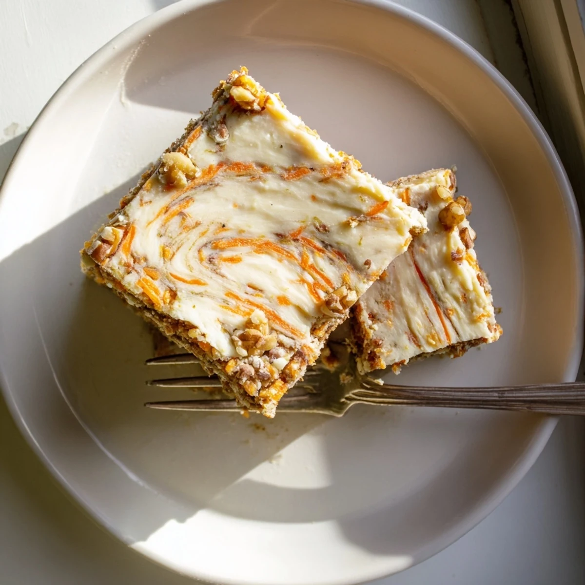 Golden carrot cake cream cheese bars featuring swirled layers of spiced cake and vanilla cheesecake topping