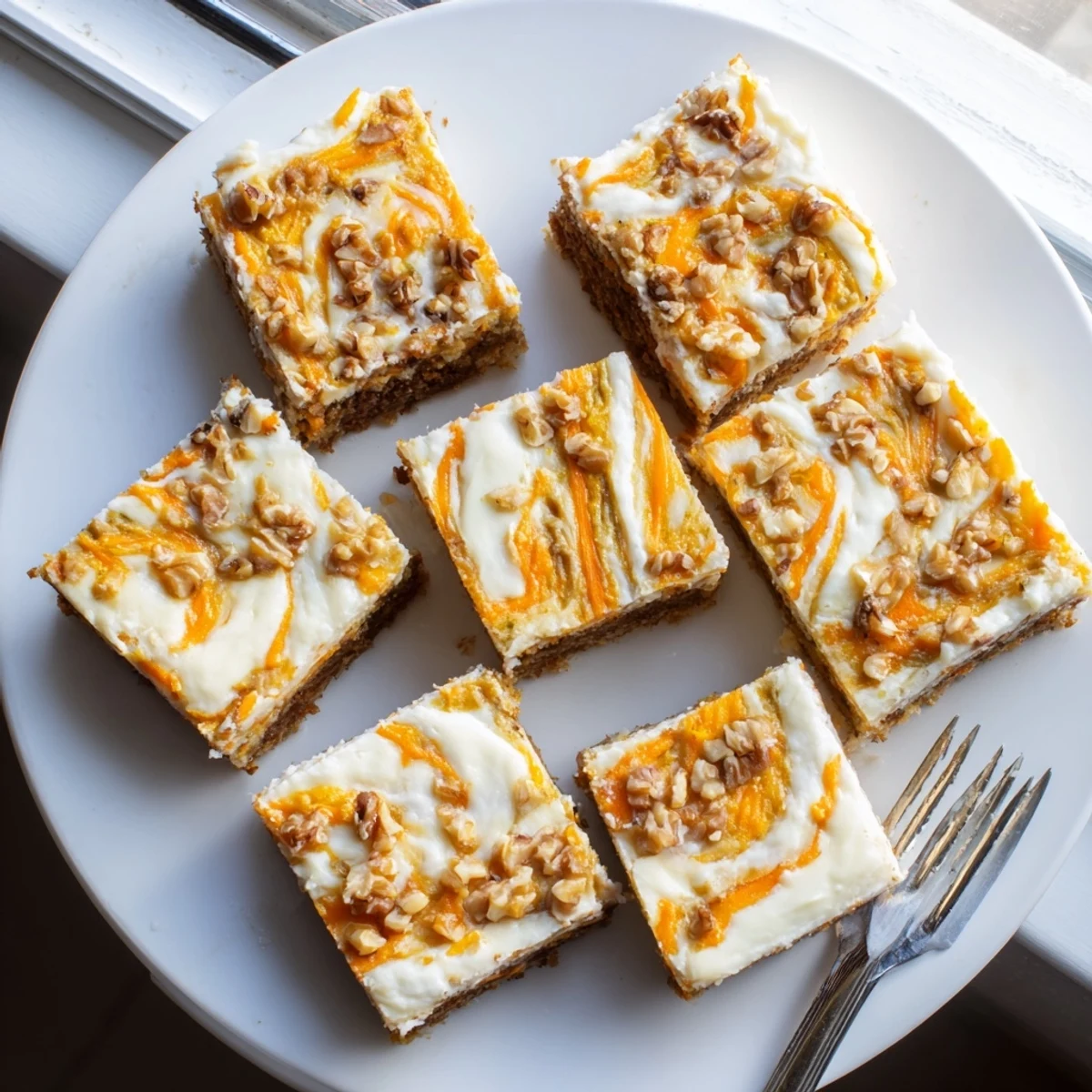 Homemade carrot cake cream cheese bars cut into squares showing cinnamon-spiced cake swirled with sweet cheesecake