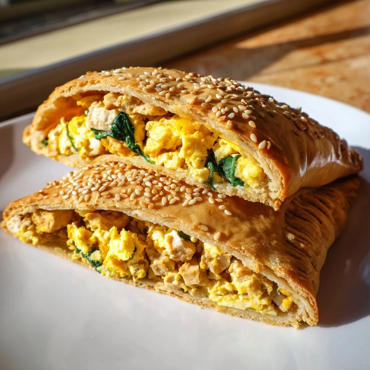 Savory handheld breakfast hot pockets filled with scrambled eggs, turkey, and cheddar cheese