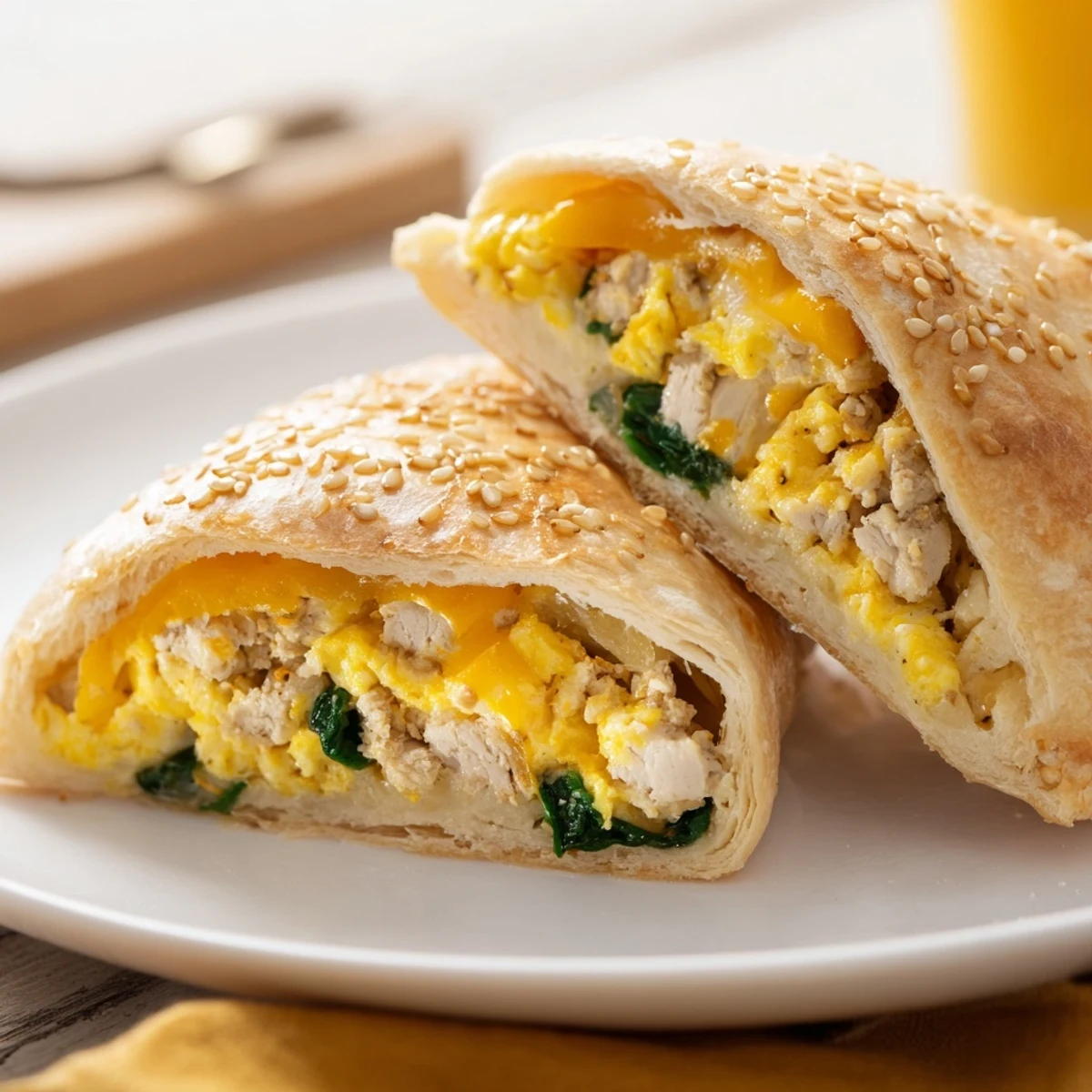Fluffy baked high protein breakfast hot pockets sprinkled with sesame seeds on parchment paper