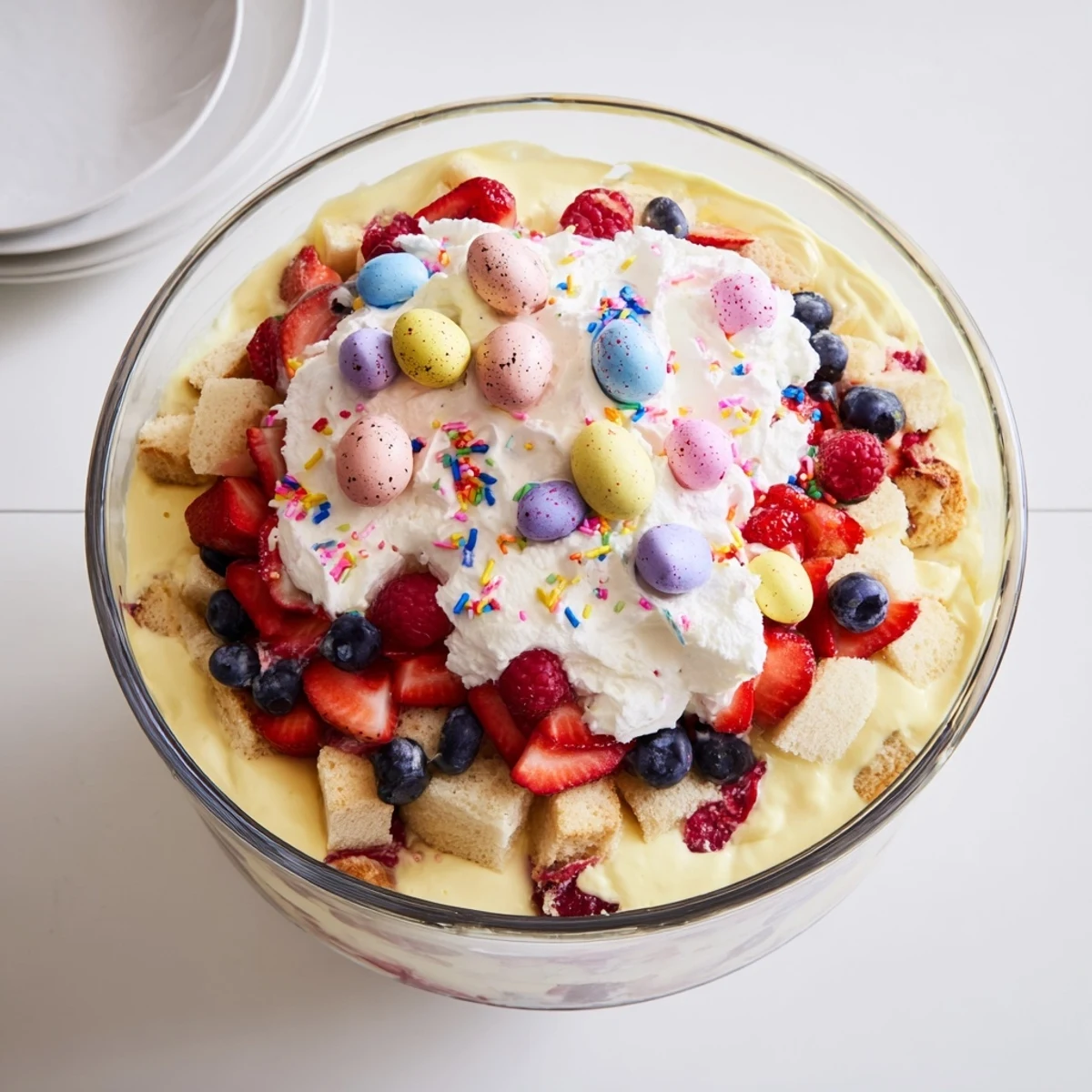 Glass trifle bowl displaying Easter trifle dessert with alternating layers of golden sponge cake, vanilla custard, fresh red berries, and fluffy white whipped cream topping