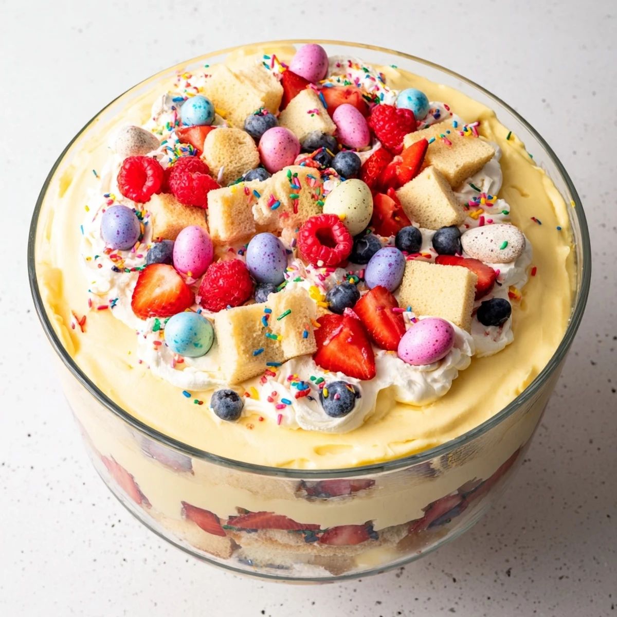 Beautiful Easter trifle dessert with layered custard, berries, whipped cream, and chocolate egg garnish visible in a glass serving dish