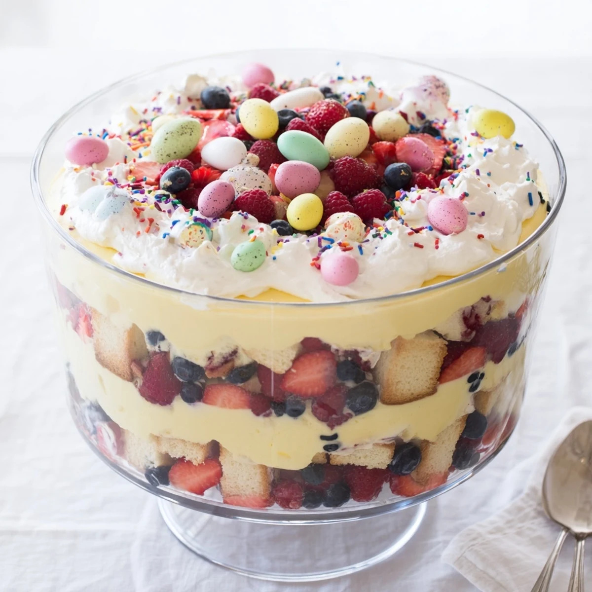 Festive Easter trifle dessert served in clear glass bowl showing creamy custard and mixed berry layers between soft cubes of sponge cake
