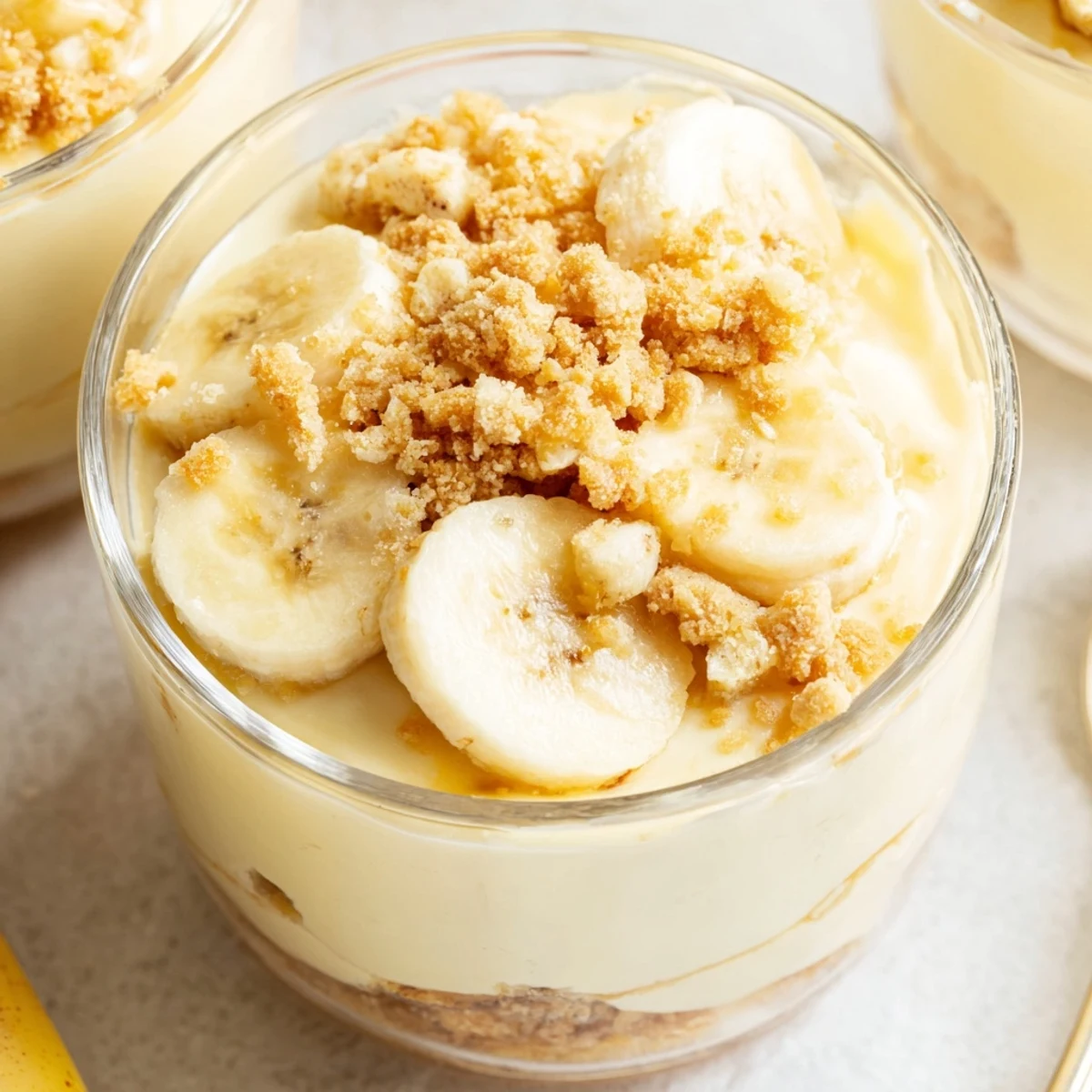 No bake banana pudding cheesecake cups topped with whipped cream and golden cookie crumbs