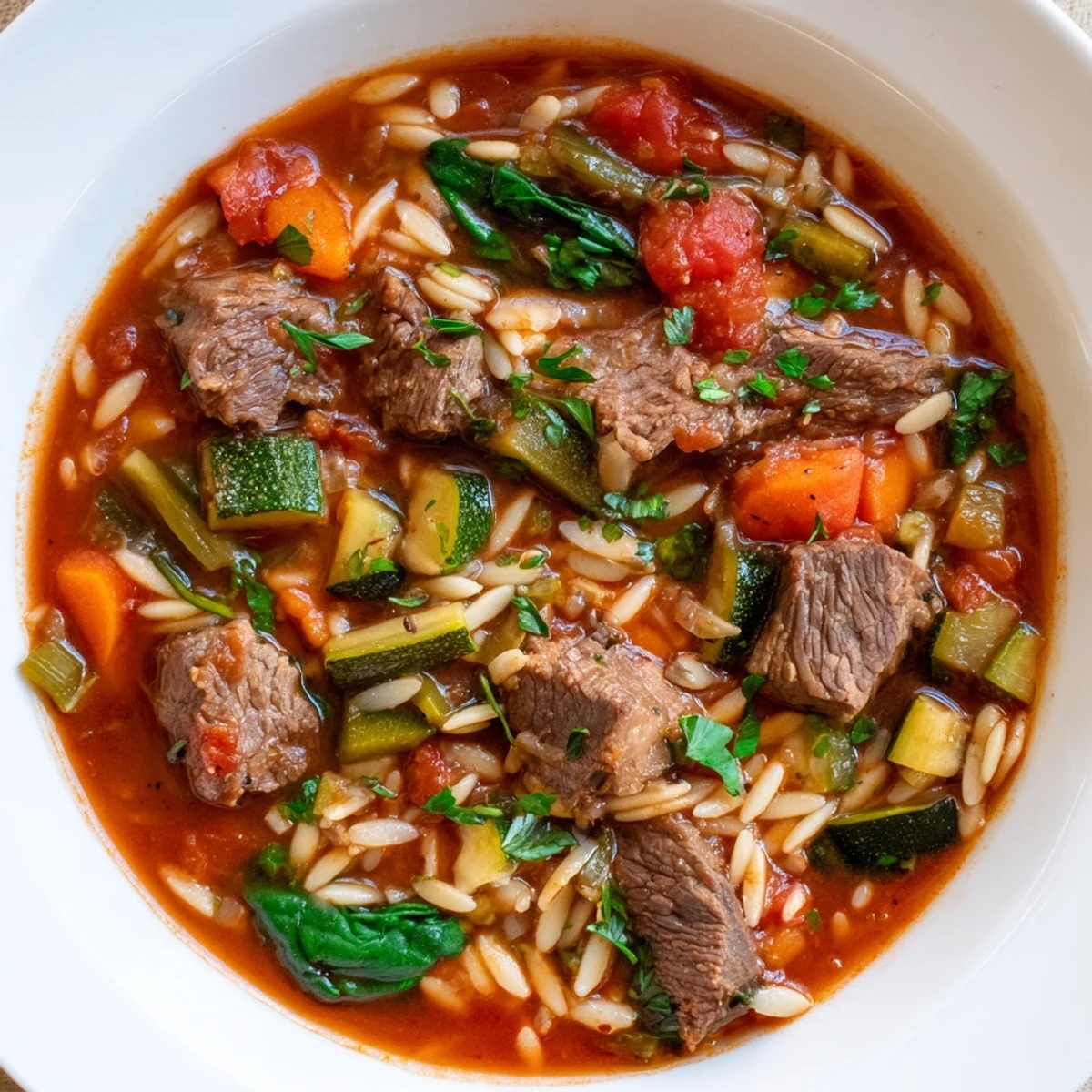 Hearty beef and orzo soup in a rustic bowl with tender vegetables and savory broth