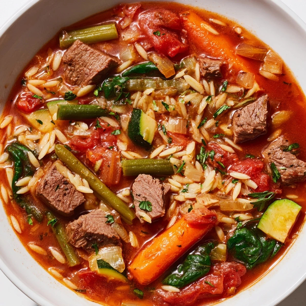 Steaming bowl of hearty beef and orzo soup featuring colorful garden vegetables and herbs