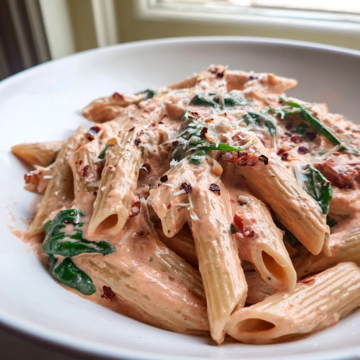 Creamy sun dried tomato spinach pasta in a rustic skillet with vibrant green wilted leaves