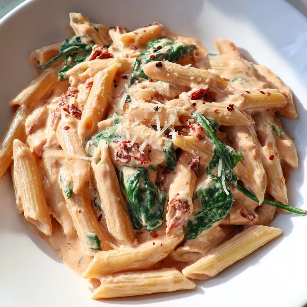 Penne coated in velvety sun dried tomato spinach pasta sauce with Parmesan cheese shavings