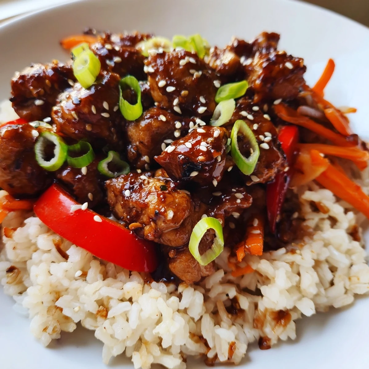One Pan Korean BBQ Chicken and Rice in a skillet topped with fresh green onions