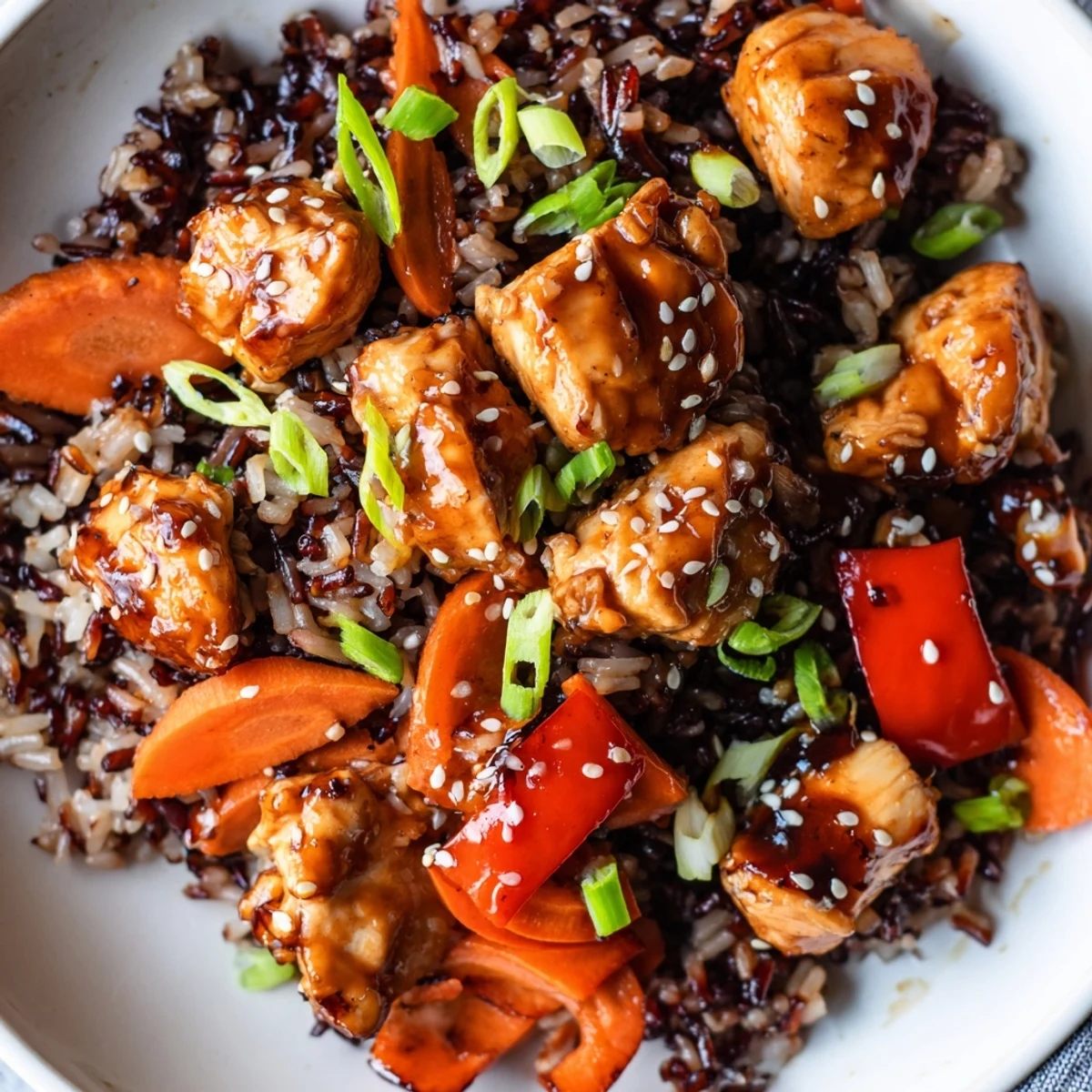 Glossy One Pan Korean BBQ Chicken and Rice with colorful vegetables steaming hot