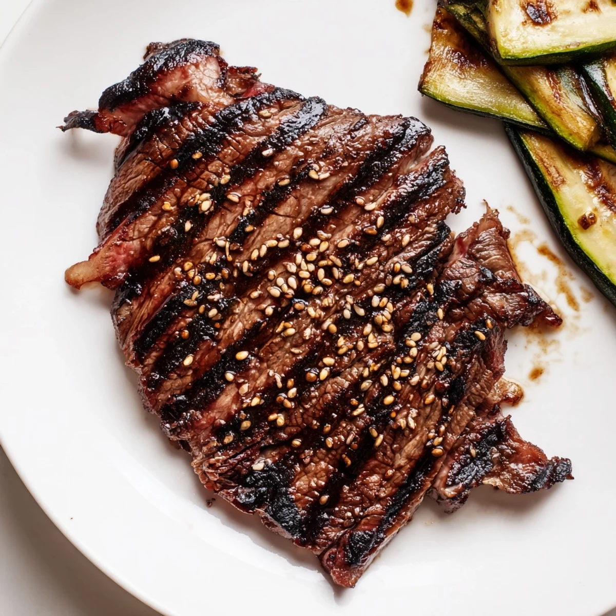 Beef Yakiniku sizzling on a grill pan with charred vegetables and steaming white rice