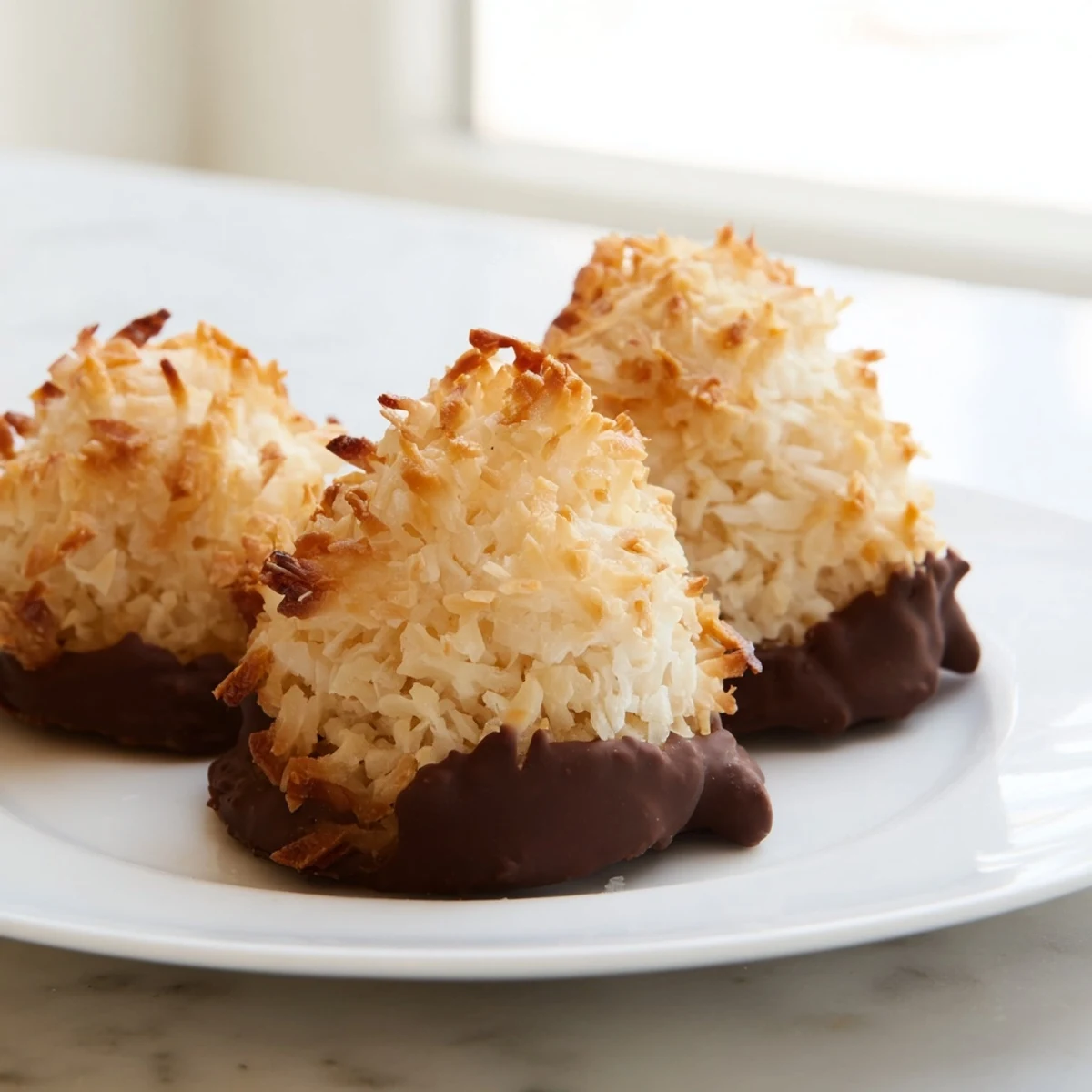 Golden Chewy Coconut Macaroons with crisp edges and soft centers stacked on a white plate