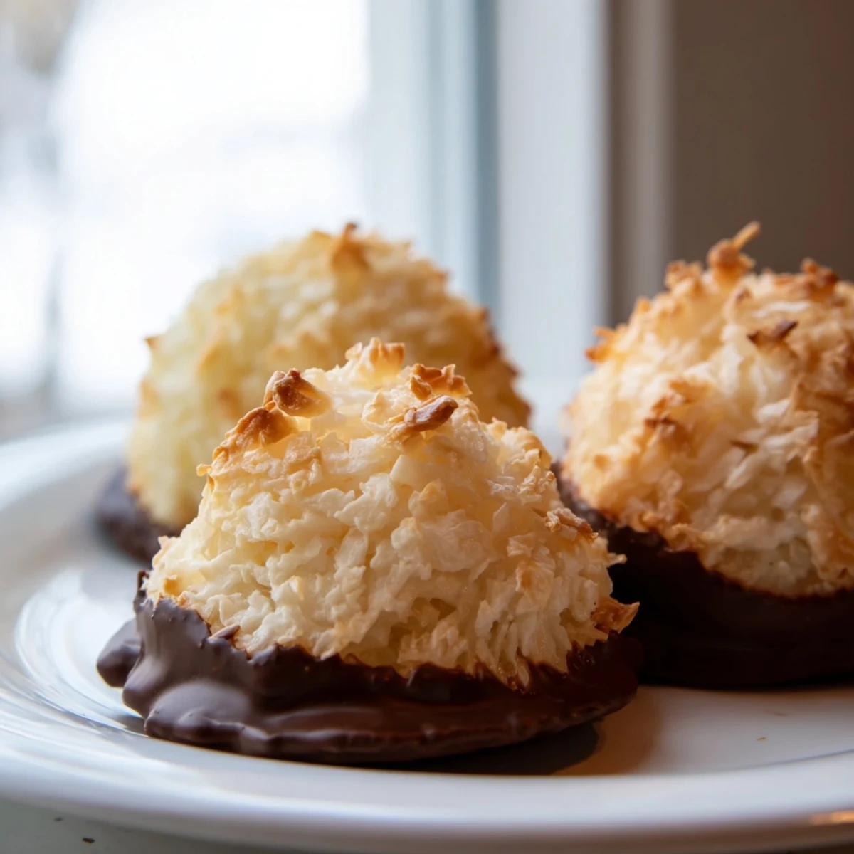Chewy Coconut Macaroons dipped in rich semisweet chocolate arranged on rustic parchment paper
