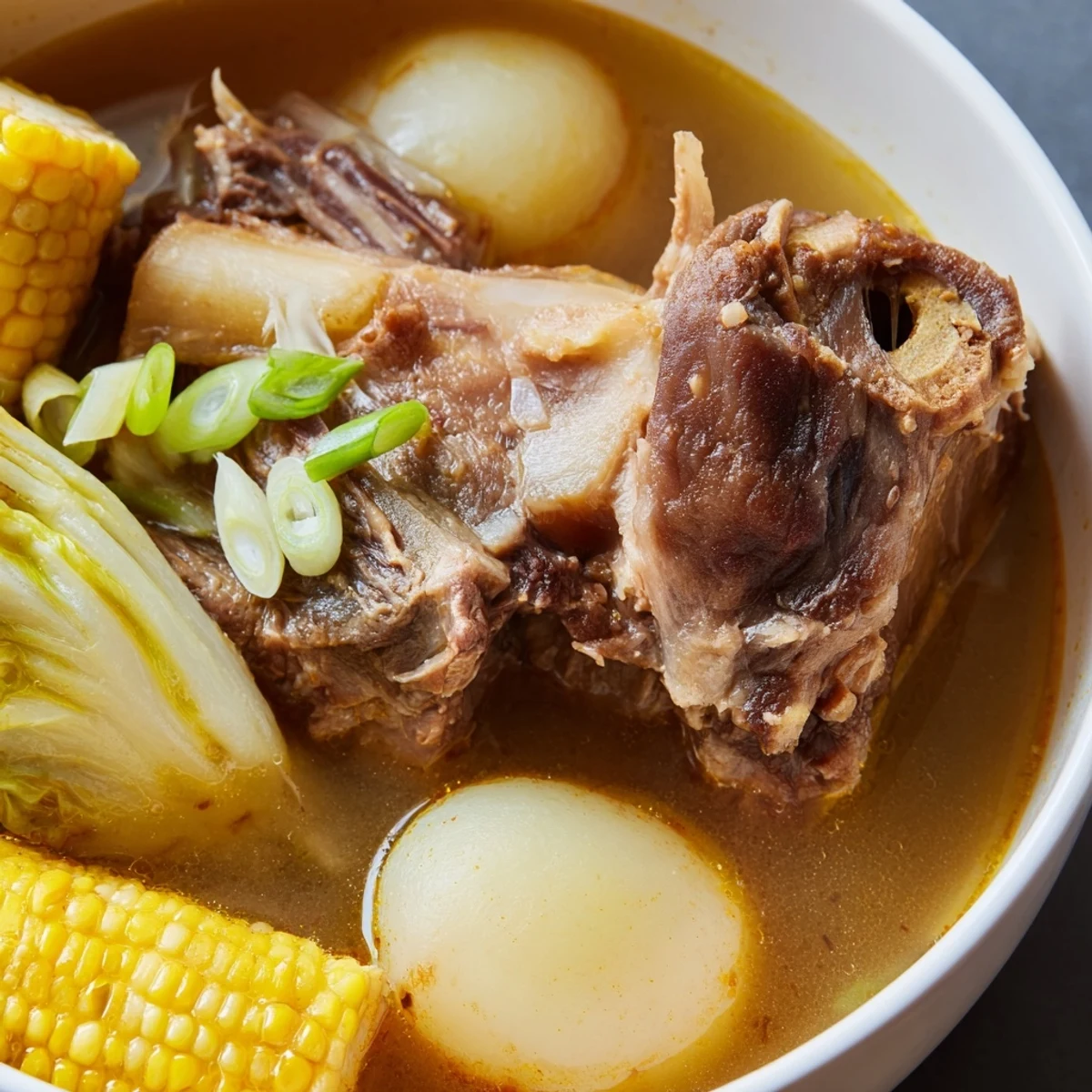 Filipino Bulalo beef shank soup in a rustic bowl with tender meat and vegetables
