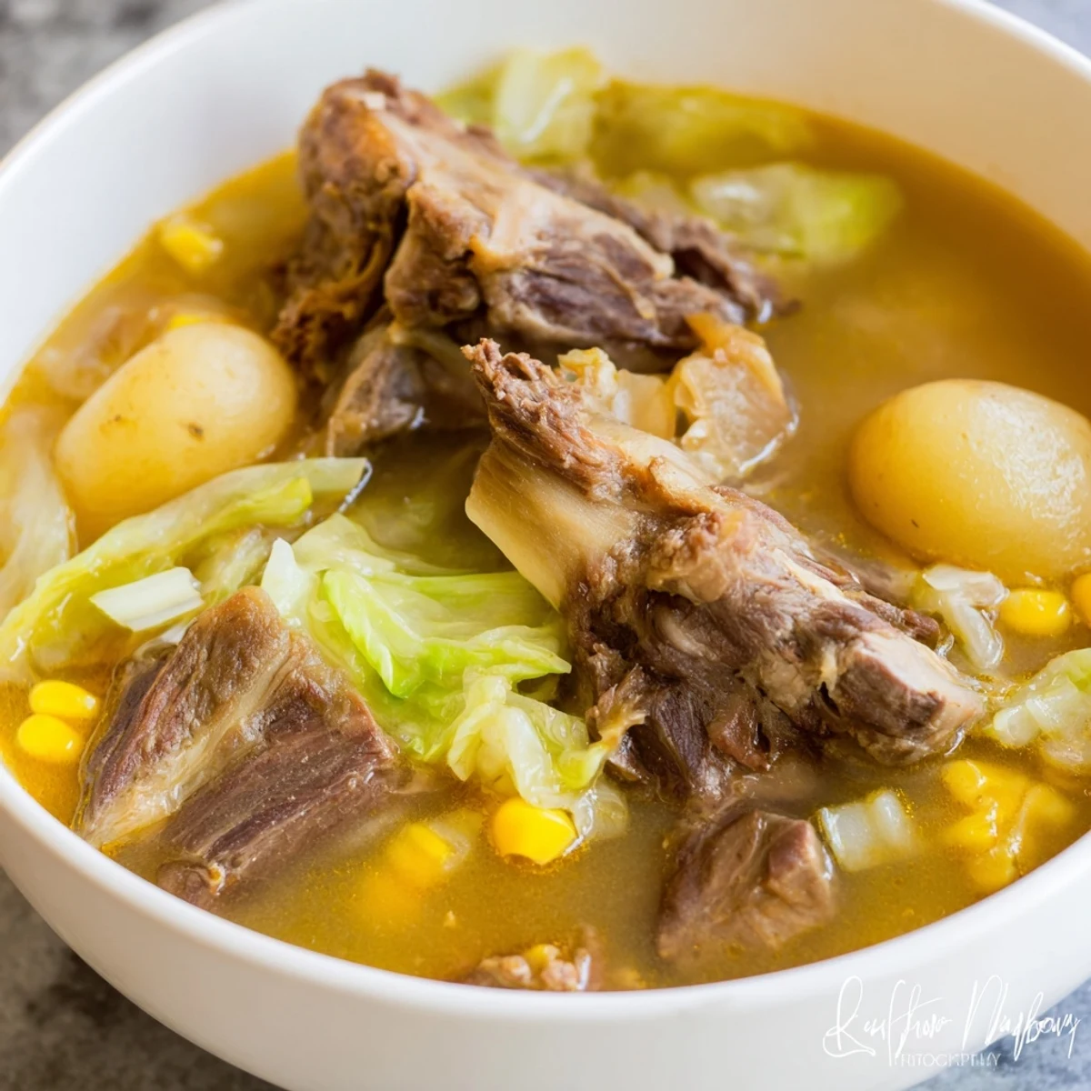 Steaming Filipino Bulalo with fork-tender beef, corn, and leafy greens in clear broth