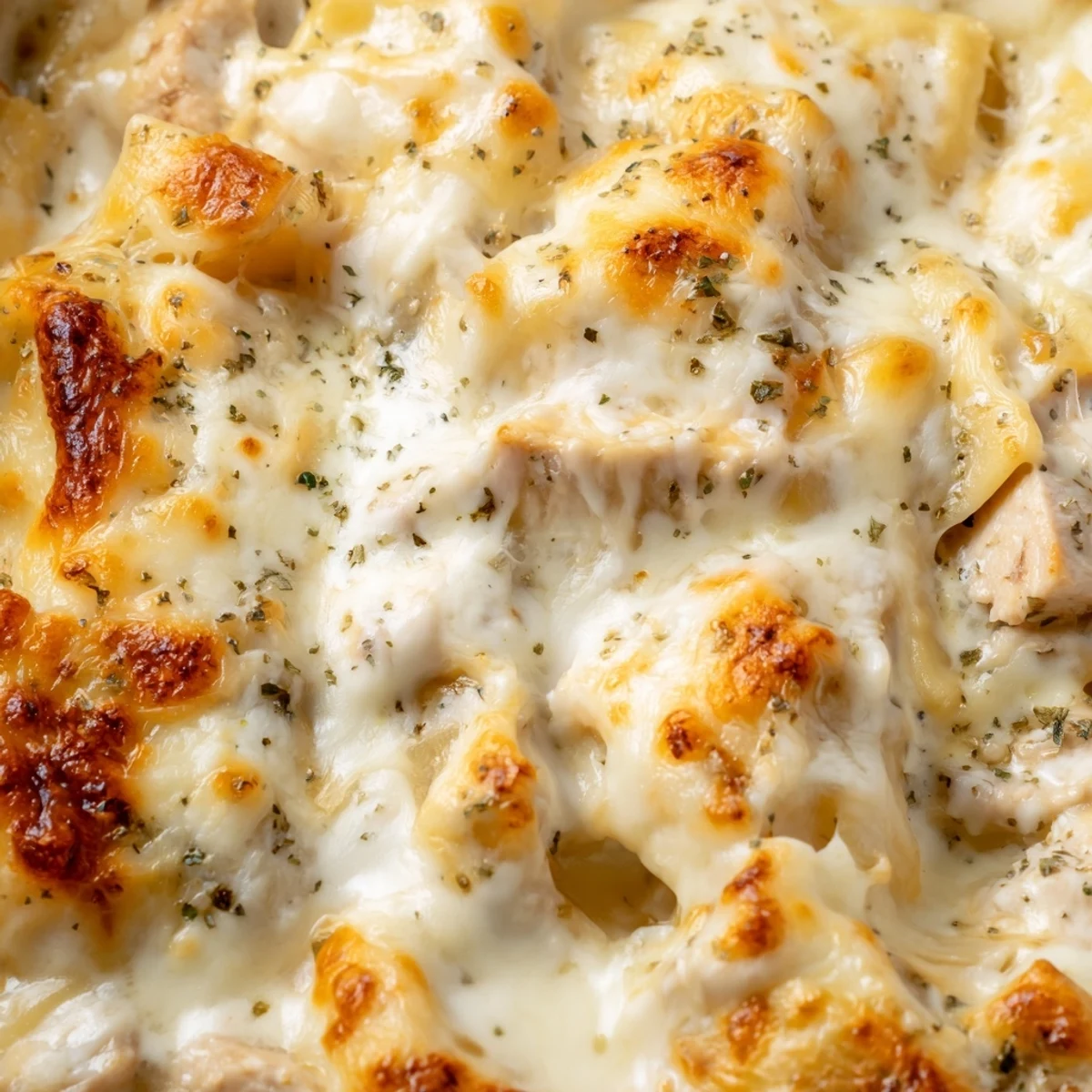 Golden bubbling chicken Alfredo baked ravioli casserole with melted mozzarella cheese topping