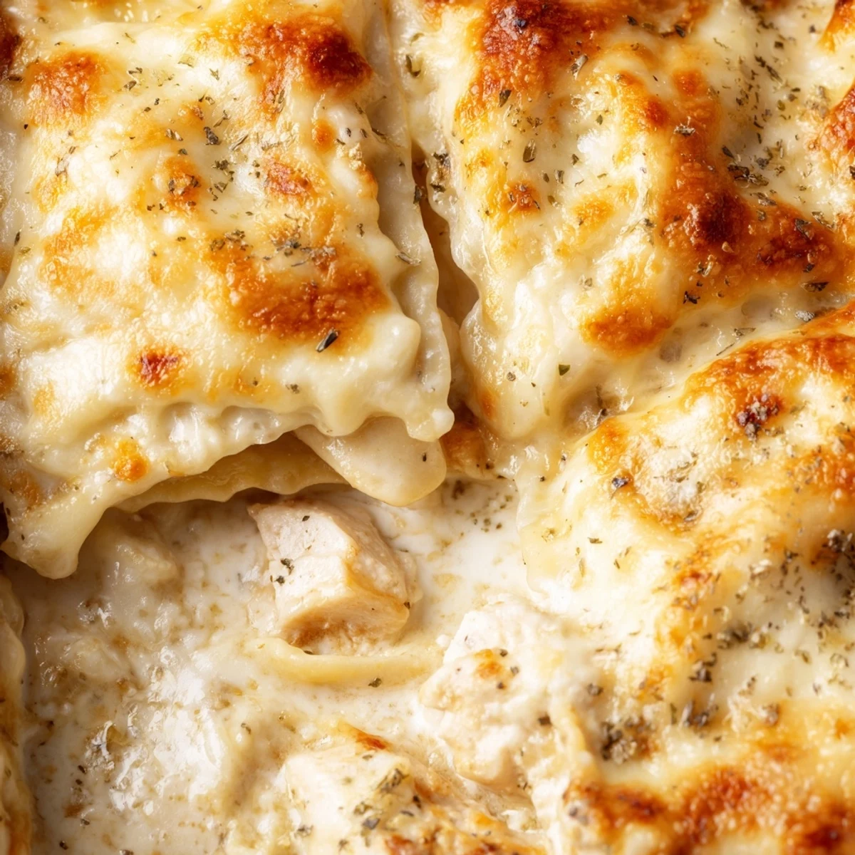 Creamy chicken Alfredo baked ravioli served in a white ceramic dish