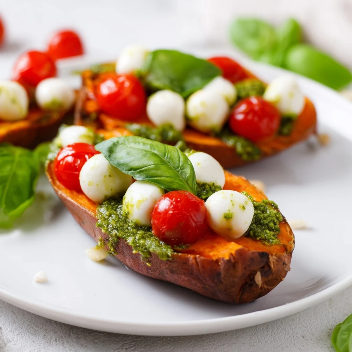 Roasted Summer Sweet Potatoes topped with melted mozzarella, tomatoes, and vibrant green pesto drizzle