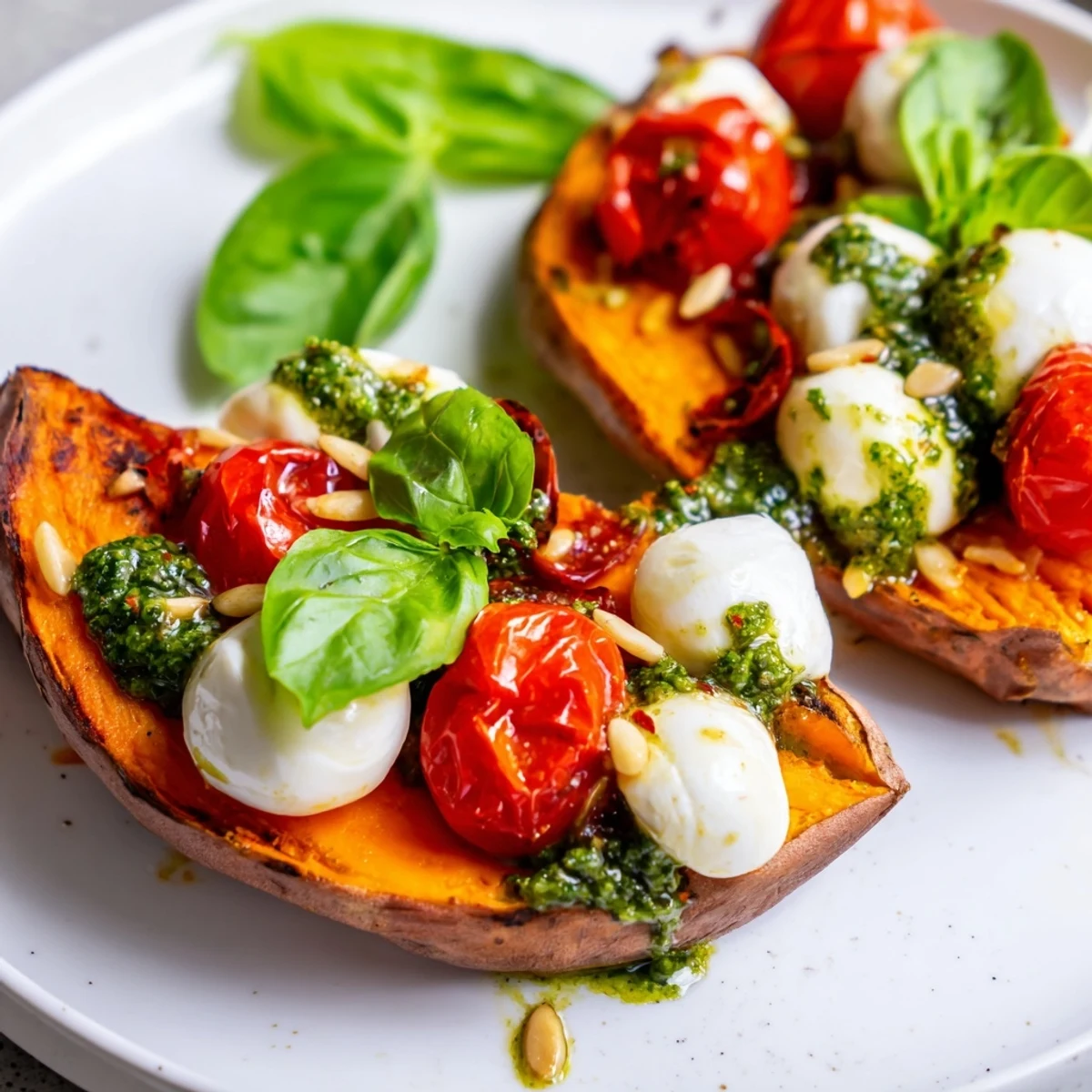 Summer Sweet Potatoes layered with juicy tomatoes and creamy cheese on a rustic white plate