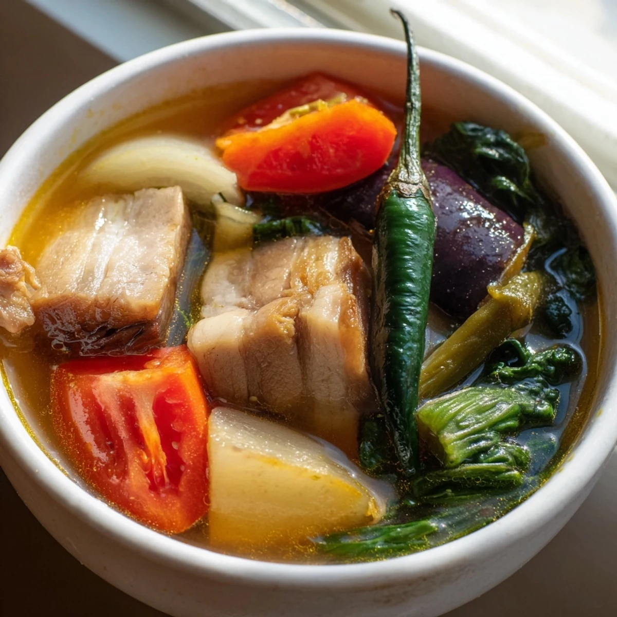 Steaming Filipino Sinigang sour soup served with white rice and vibrant green vegetables