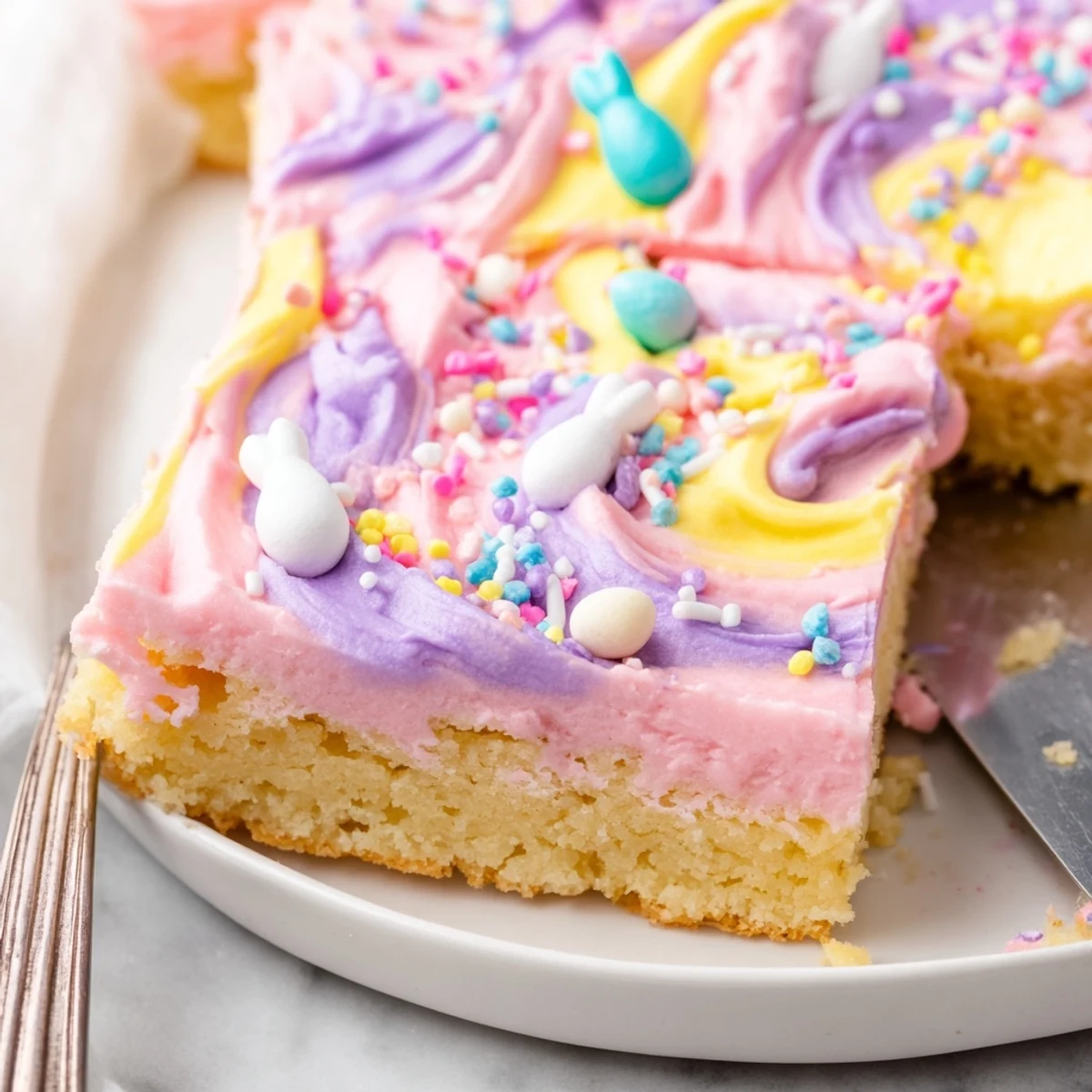 Soft Easter sugar cookie bars with creamy pastel frosting and colorful sprinkles