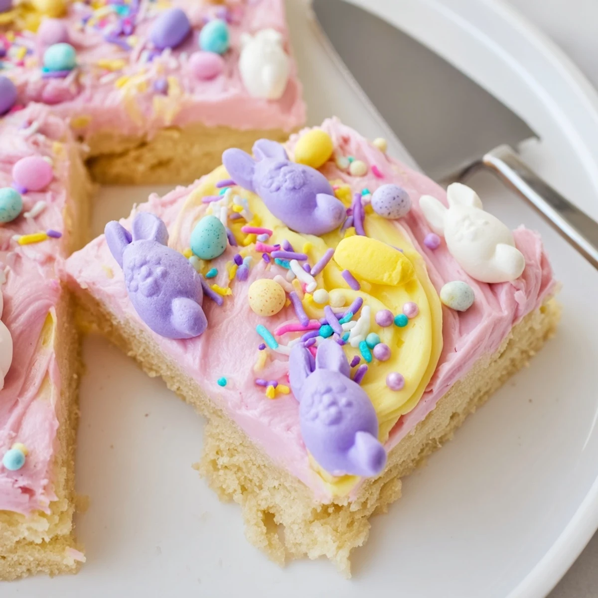 Chewy Easter sugar cookie bars decorated with smooth pink and yellow frosting and sprinkles