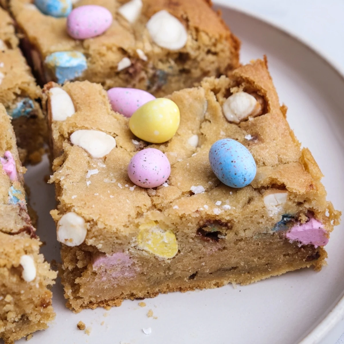 Chewy Cadbury Mini Egg blondies with colorful candy toppings on a rustic wooden cutting board