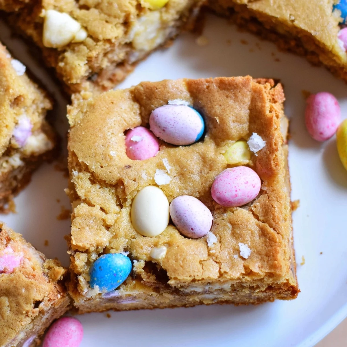 Golden blonde brownies studded with pastel Cadbury Mini Eggs cut into fudgy squares