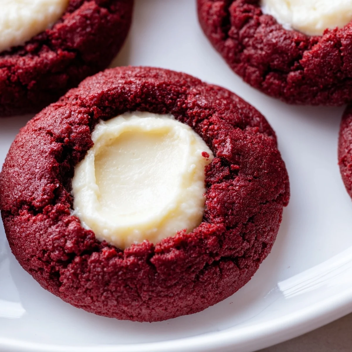 Soft red velvet thumbprint cookies topped with smooth cream cheese centers dusted powdered sugar