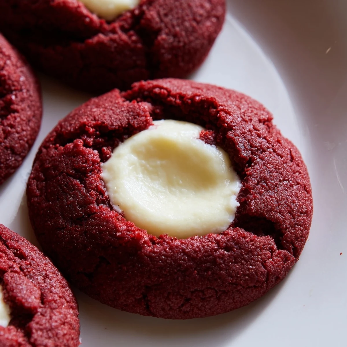 Bright red velvet thumbprint cookies with creamy cheesecake filling on a rustic white plate