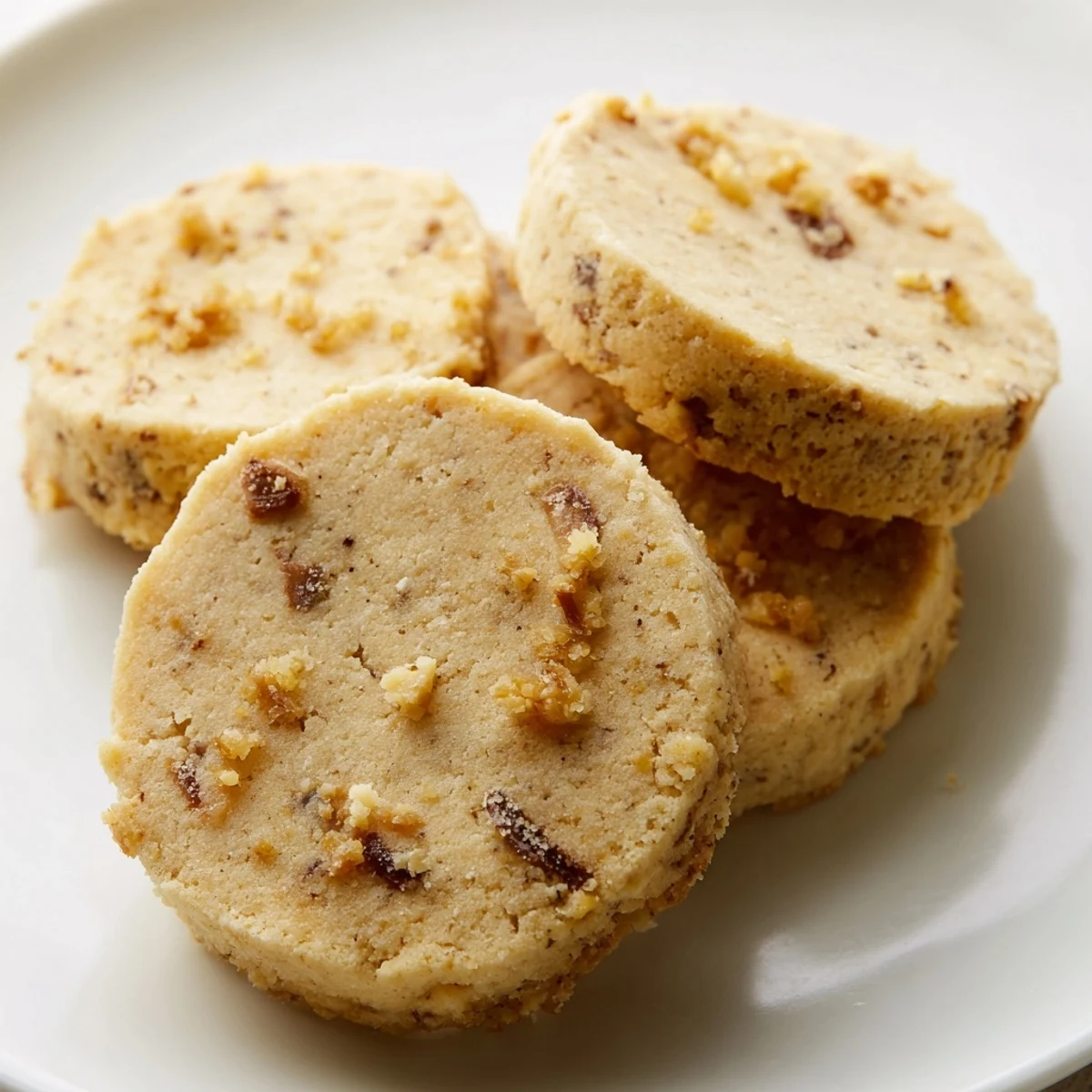 Golden espresso shortbread cookies studded with caramel toffee chunks on a rustic white plate