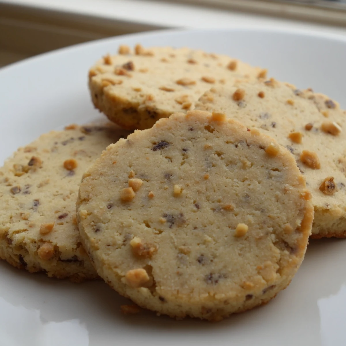 Rich buttery espresso shortbread cookies with melty toffee bits arranged beside a steaming mug