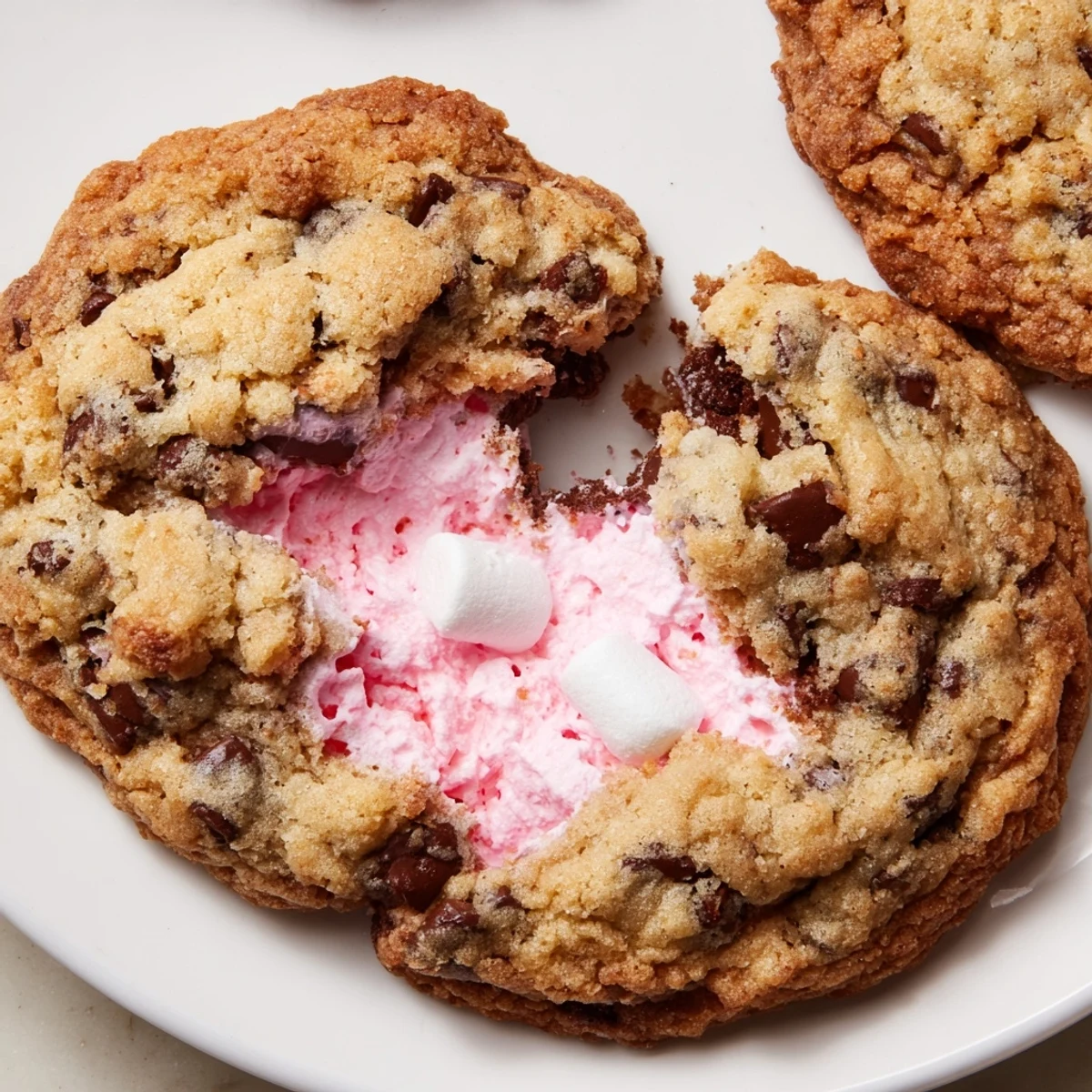 Golden Chocolate Chip Peep Stuffed Easter Cookies with melty marshmallow center on rustic baking sheet
