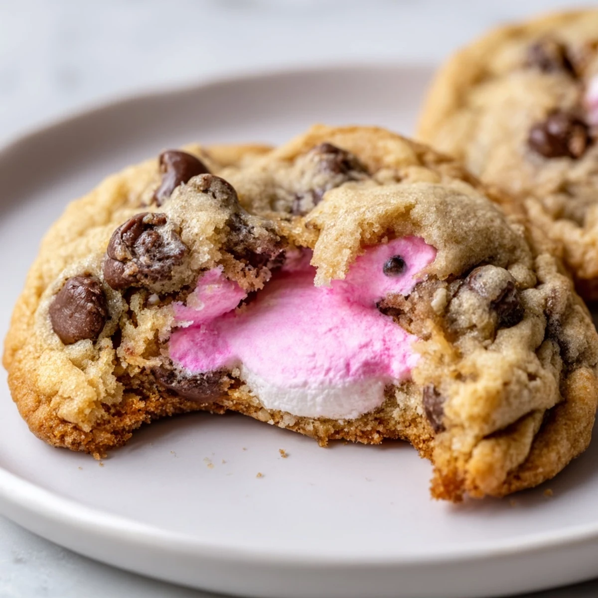 Colorful Peep hidden inside soft Chocolate Chip Peep Stuffed Easter Cookies with gooey filling