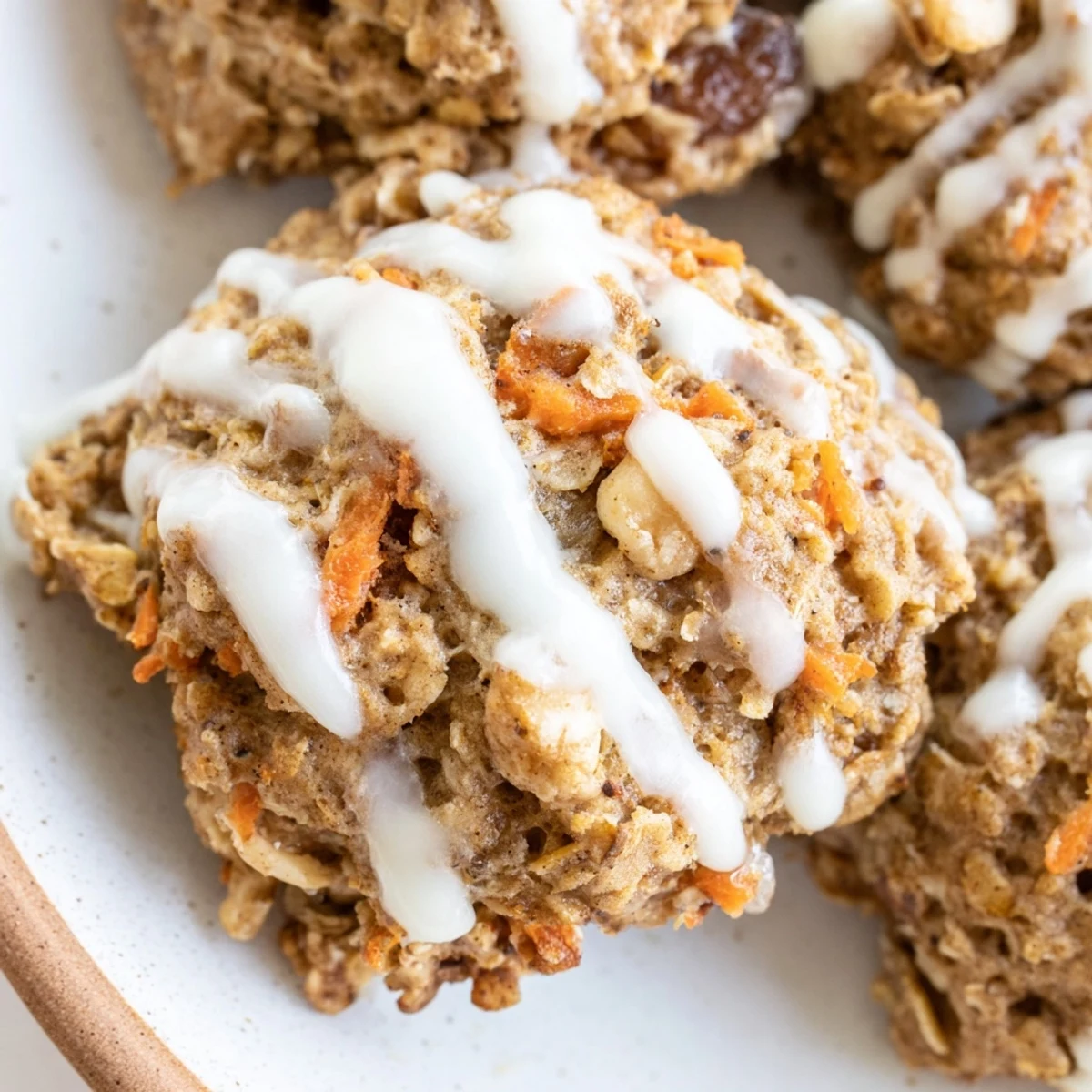 Soft carrot cake cookies with cream cheese drizzle on a rustic wooden serving board