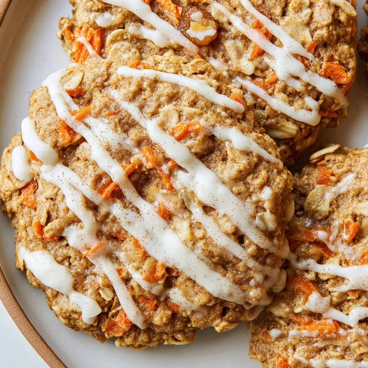 Chewy carrot cake cookies studded with walnuts and raisins stacked on a plate
