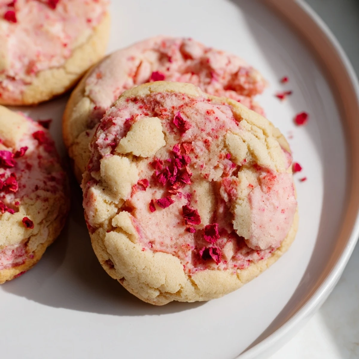 Soft strawberry cheesecake cookies with golden edges and creamy centers on a rustic baking sheet