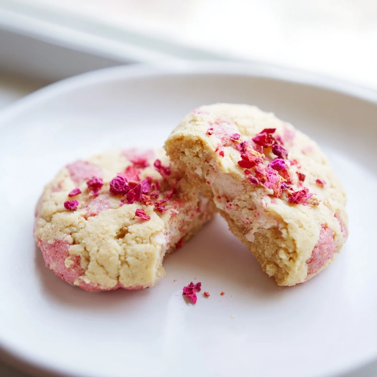 Plush strawberry cheesecake cookies oozing sweet cream cheese filling arranged on a dessert platter