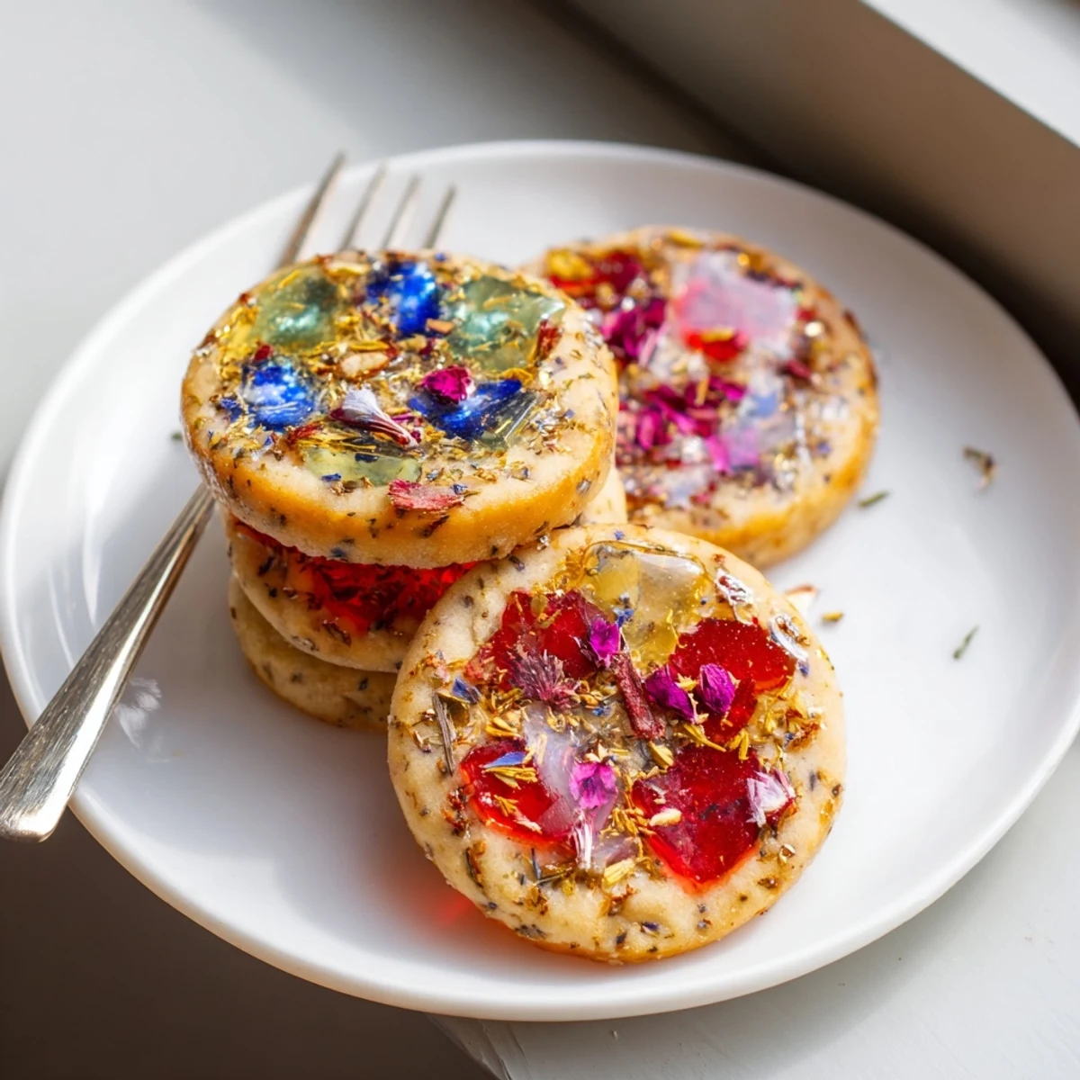 Delicate Earl Grey stained glass floral cookies with melted candy centers and pressed edible blossoms