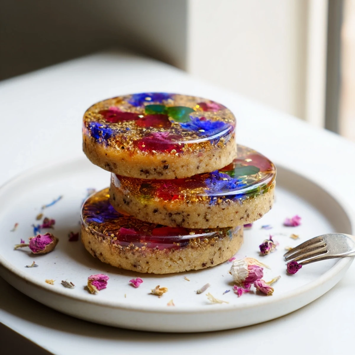 Vegan gluten free Earl Grey stained glass floral cookies showcasing colorful translucent candy windows