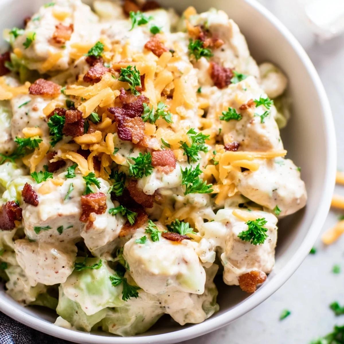 Creamy chicken bacon ranch cabbage bowls topped with melted cheddar and fresh green onions