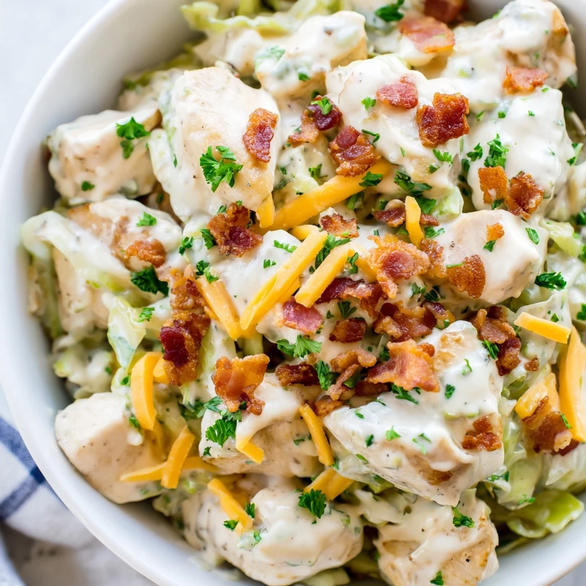 Tender chicken and crispy bacon tossed in rich ranch sauce over sautéed green cabbage