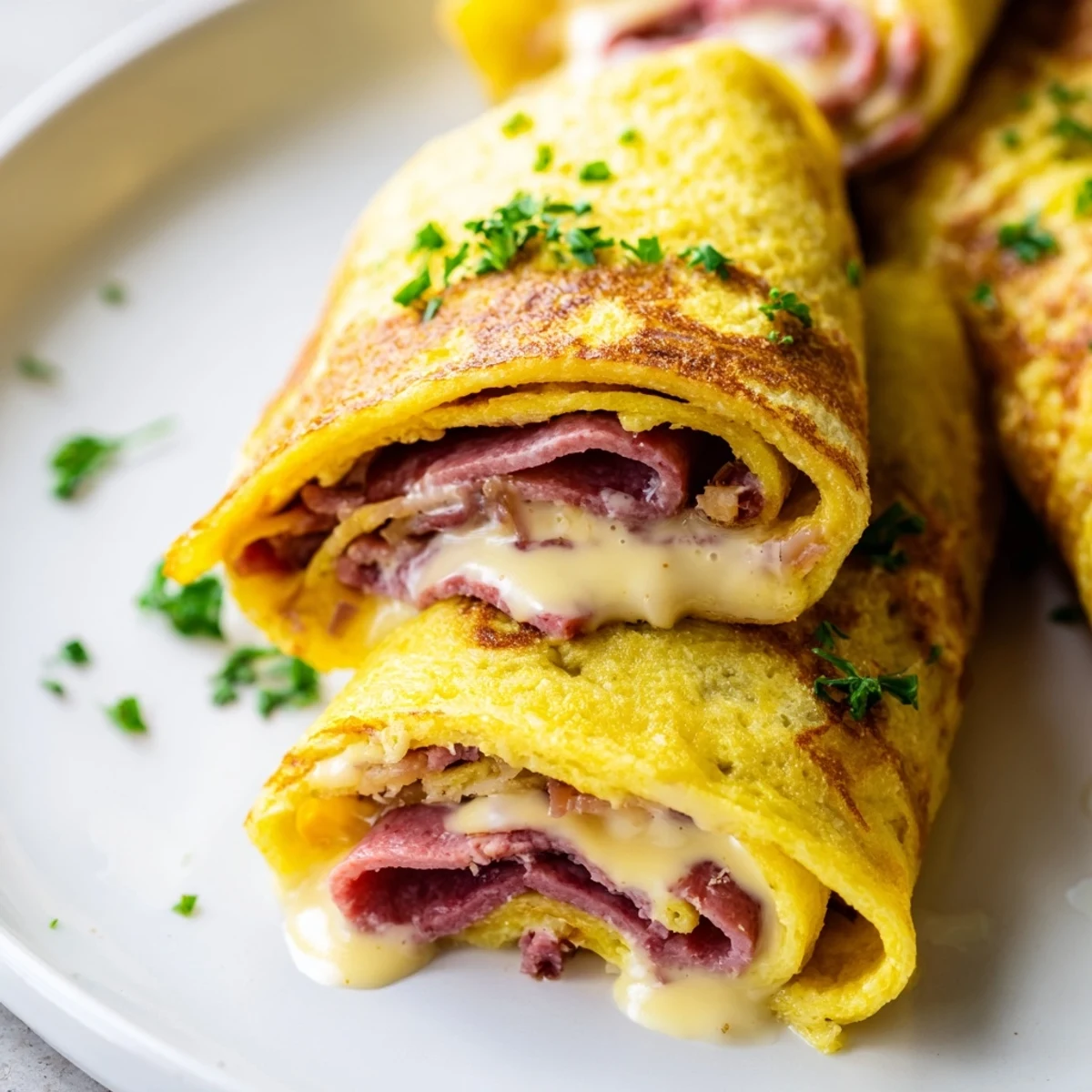 Low Carb Reuben Egg Roll Ups filled with corned beef and melted Swiss cheese on a plate