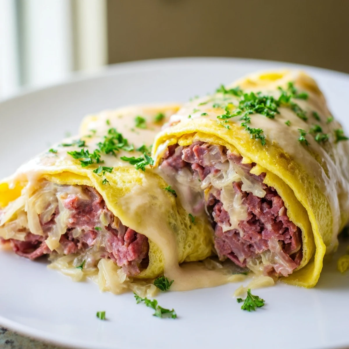 Golden egg wraps stuffed with tangy sauerkraut and savory corned beef in these Low Carb Reuben Egg Roll Ups