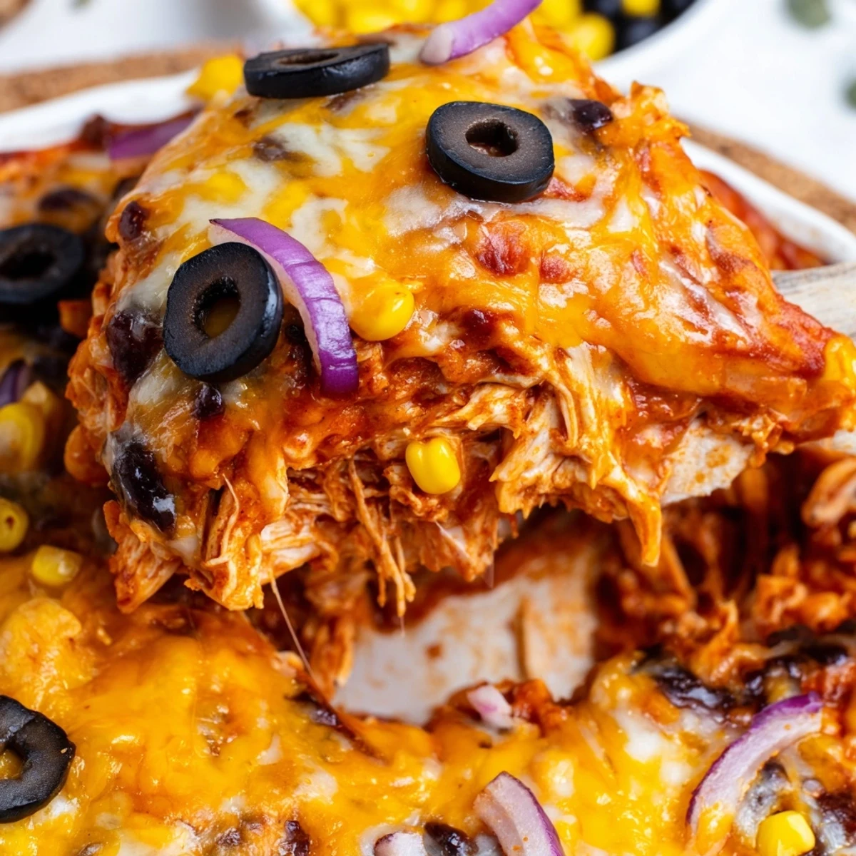 Golden bubbly cheese tops this cheesy shredded chicken enchilada bake fresh from oven