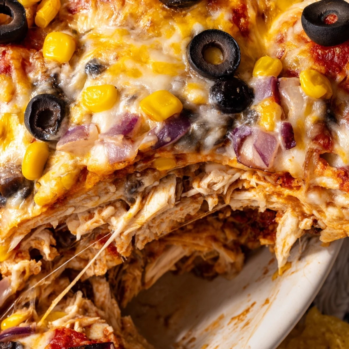 Creamy melted cheese blankets layers of cheesy shredded chicken enchilada bake with beans