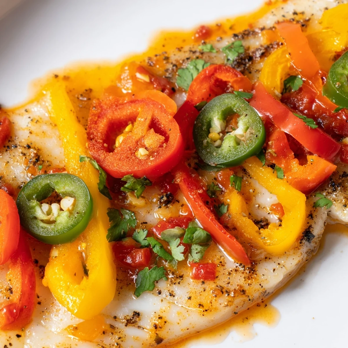 Golden tilapia fillets nestled in spicy roasted pepper skillet with vibrant red and yellow colors
