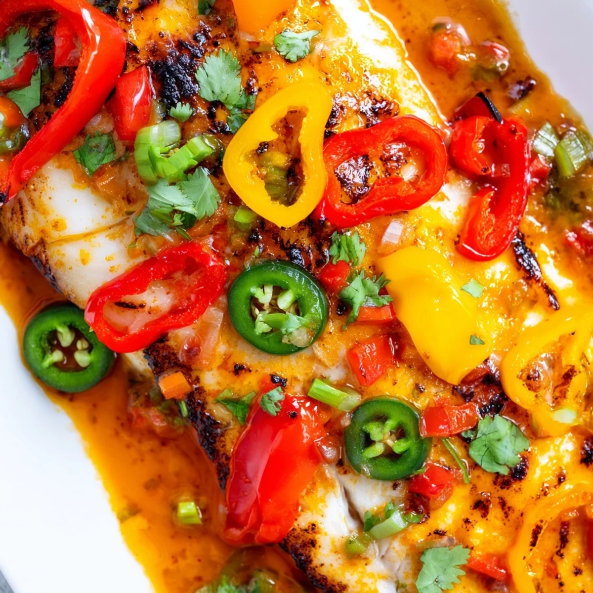 Spicy roasted pepper tilapia skillet garnished with fresh cilantro and lime for bright citrus flavor