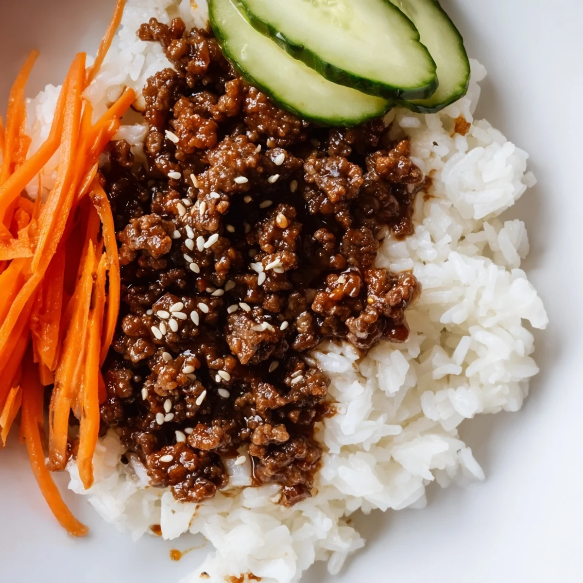 Savory Korean beef bowls with caramelized ground beef and crisp vegetables over fluffy white rice