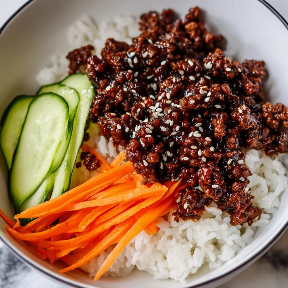 Korean beef bowls topped with julienned carrots cucumber scallions and toasted sesame seeds
